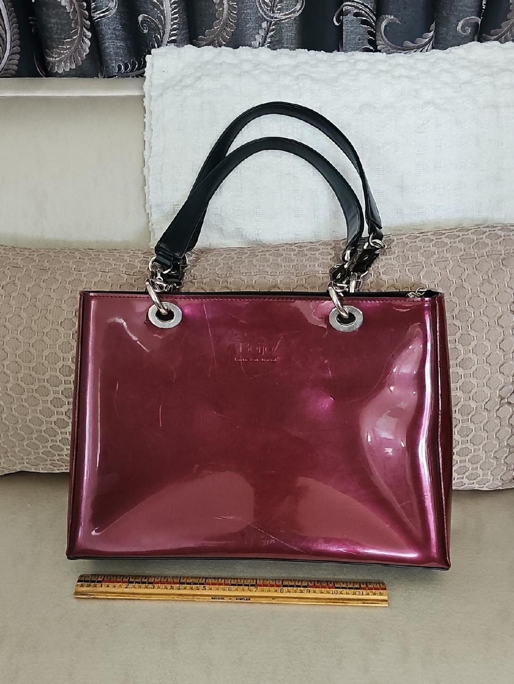 Beijo Patent Wine-Red Tote with Black Chain Handles